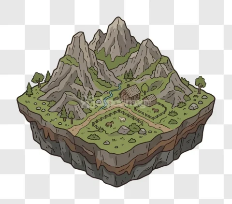 Isometric Mountain Valley Village Cartoon Map