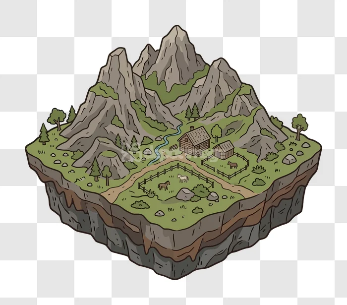 Isometric Mountain Valley Village Cartoon Map, hand-drawn gray mountains, green valleys, transparent PNG