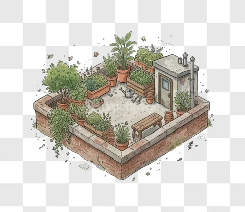 Isometric Roof Garden Pots Plants