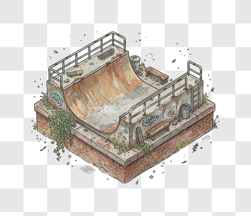 Isometric Rusty Skatepark Half Pipe hand-drawn urban illustration with graffiti and skateboards