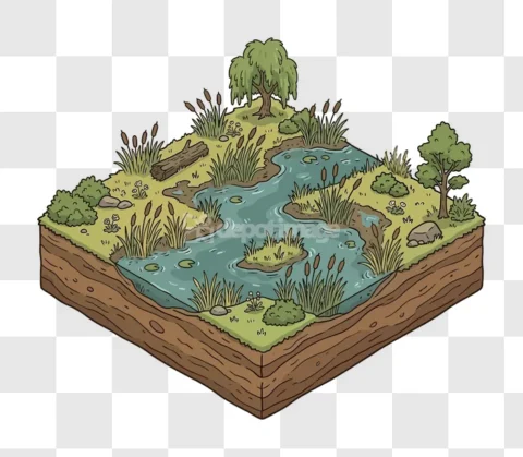Isometric Swamp Pond Cattails Trees