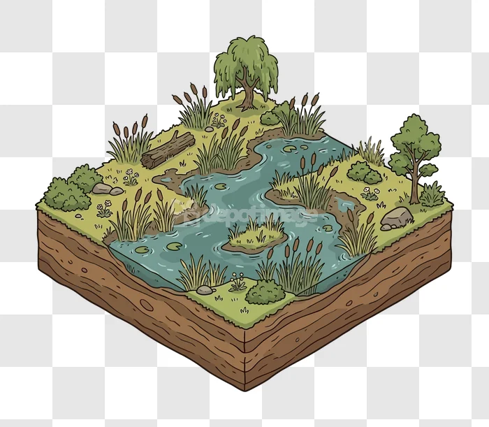 Isometric Swamp Pond Cattails Trees hand-drawn cartoon wetland with green trees and blue water