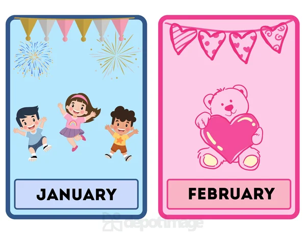 January February Flashcards Kids Bear Hearts colorful printable pages with children and a teddy bear.