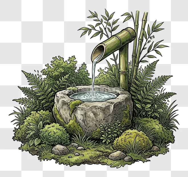 Japanese Garden Bamboo Fountain Water Stone, hand-drawn style flowing water, mossy stone, transparent PNG