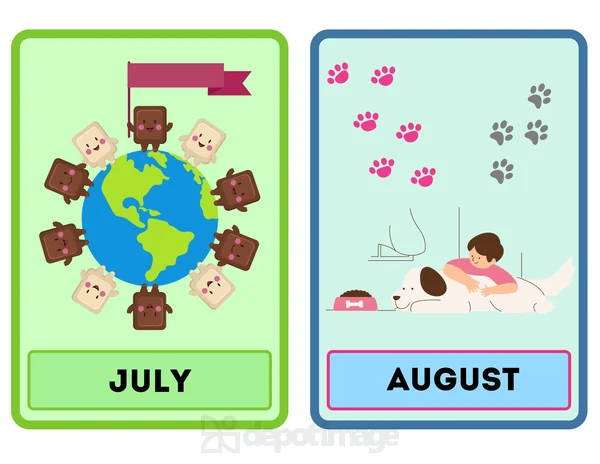 July August Flashcards Months Earth Dog Care colorful cartoon Earth and dog scenes