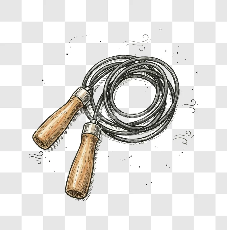 Jump Rope Wood Handles Fitness Equipment hand-drawn illustration, coiled black rope, wooden handles