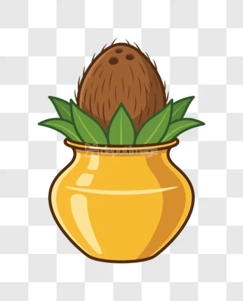 Kalash Pot Coconut Leaves Cartoon Illustration