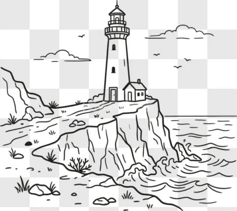 Lighthouse Cliff Ocean Waves Line Art