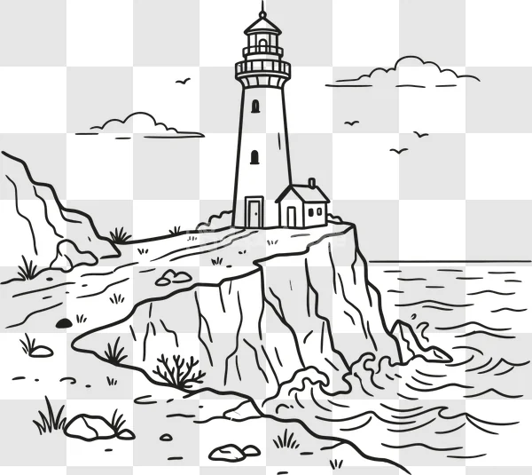 Lighthouse Cliff Ocean Waves Line Art white monochrome sketch on black backdrop