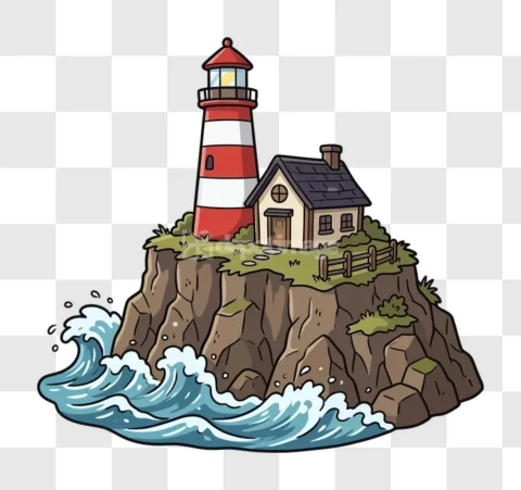 Lighthouse House Ocean Waves Cliff Cartoon