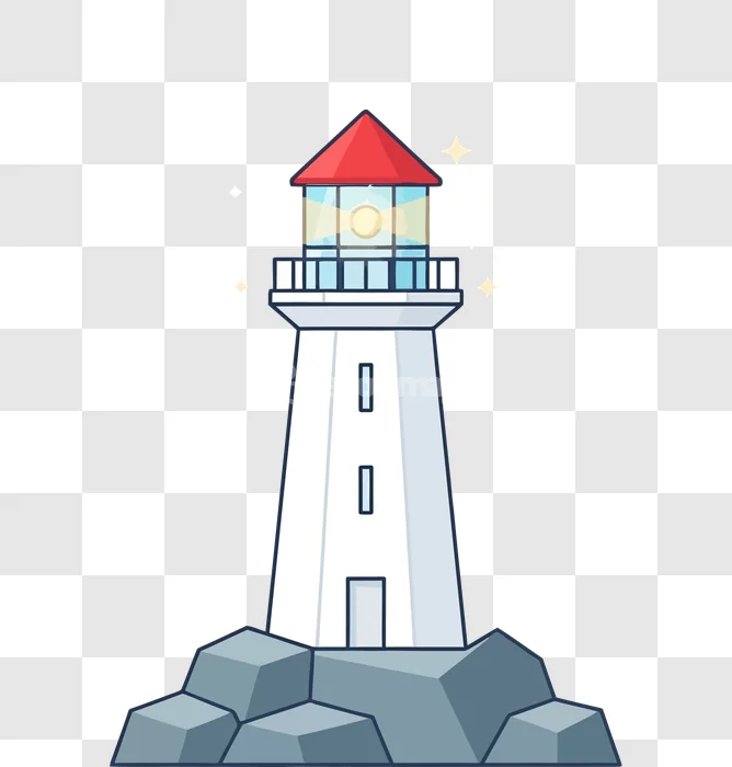 Lighthouse on Rocks Icon Colorful Flat white tower red roof yellow light sparkling