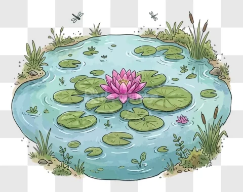 Lily Pond Dragonflies Cartoon Illustration