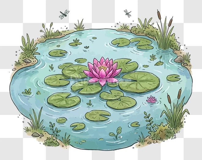 Lily Pond Dragonflies Cartoon Illustration with pink blossom and floating green pads