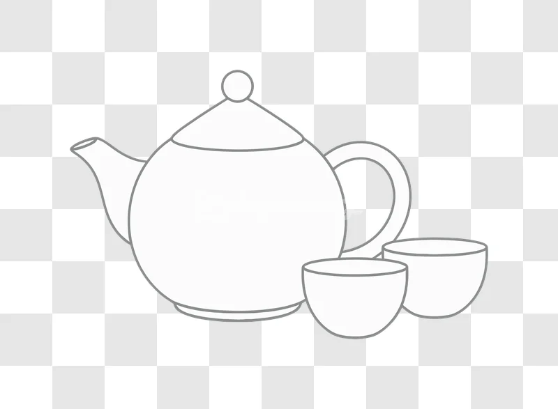 Line Art Teapot Two Cups: white outline kitchen illustration on transparent background
