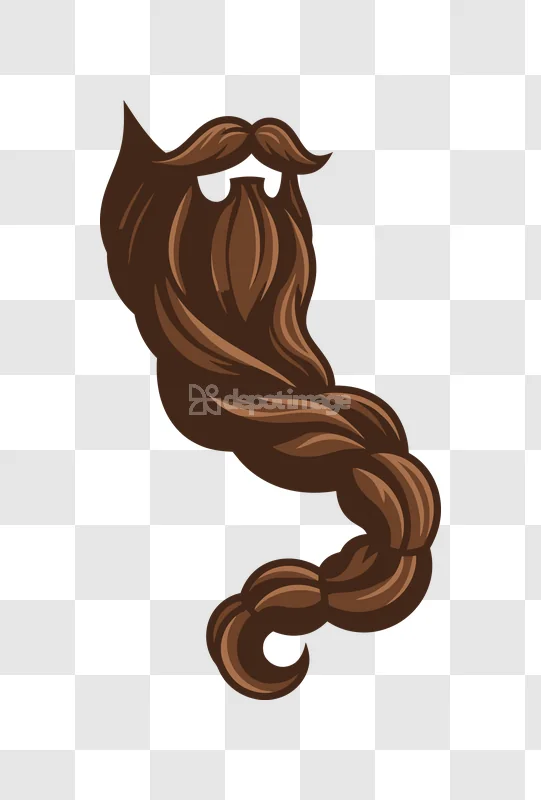 Long Braided Brown Beard Mustache Vector, detailed brown braided hair, cartoon style