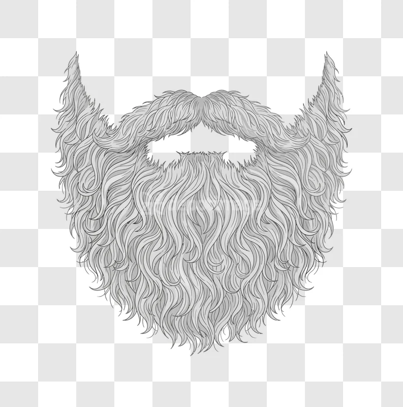 Long Curly Grey Beard Mustache Vector, detailed gray hair, flowing style, transparent background