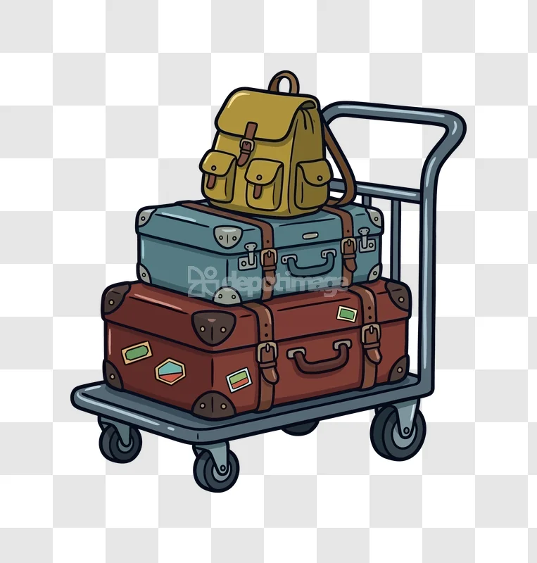 Luggage Cart Backpack Suitcases Travel Baggage yellow backpack and suitcases on cart cartoon style