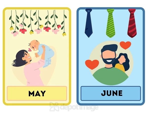 May June Flashcards Mother Baby Family Ties Love colorful illustrations of mother and baby, and family with ties