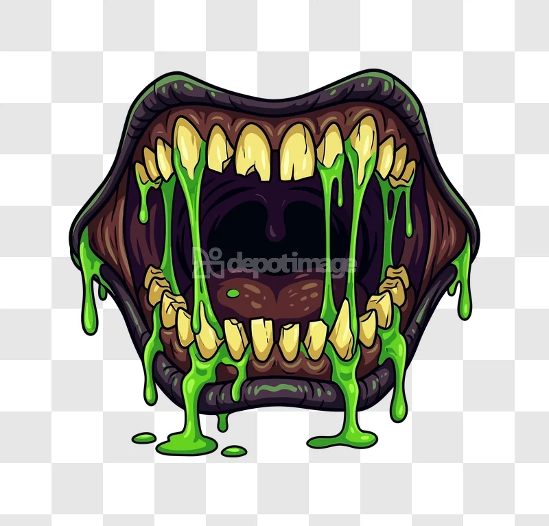 Monster Mouth Green Slime Halloween Creepy, cartoon style, yellow teeth, dark background