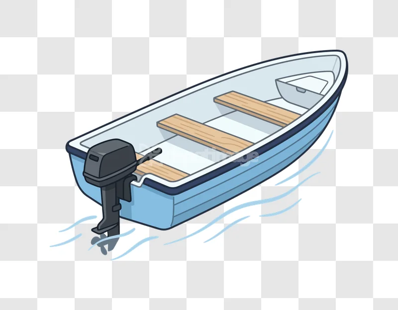 Motorboat Outboard Engine Simple Cartoon Style blue boat with wooden seats and black motor on transparent background