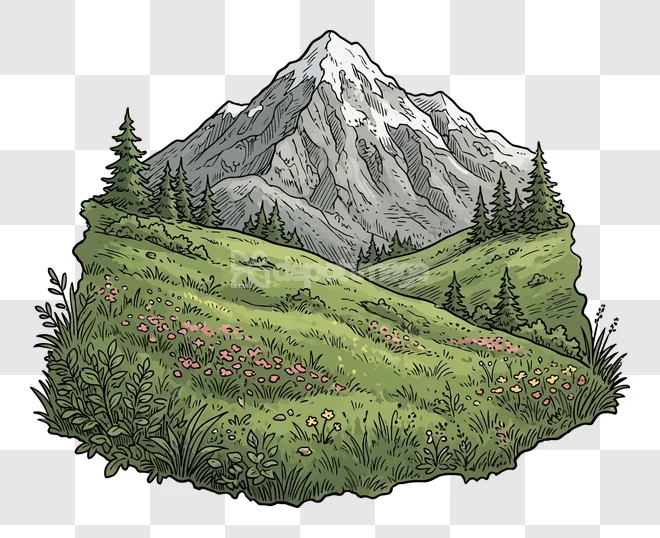 Mountain Landscape Pine Trees Flowers Field green rolling hills with pink flowers and snow-capped peak, illustration style