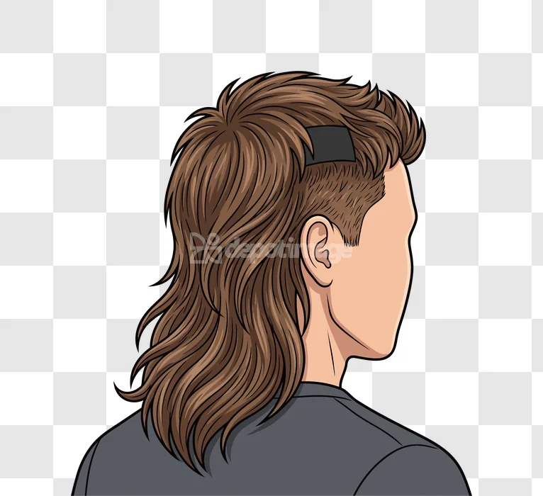 Mullet Haircut Mens Brown Hairstyle Back: detailed cartoon illustration, brown hair, black background