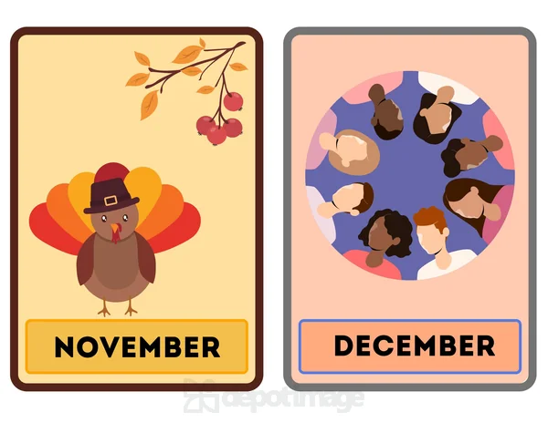 November December Flashcards Turkey People Circle cartoon turkey and diverse people circle graphic