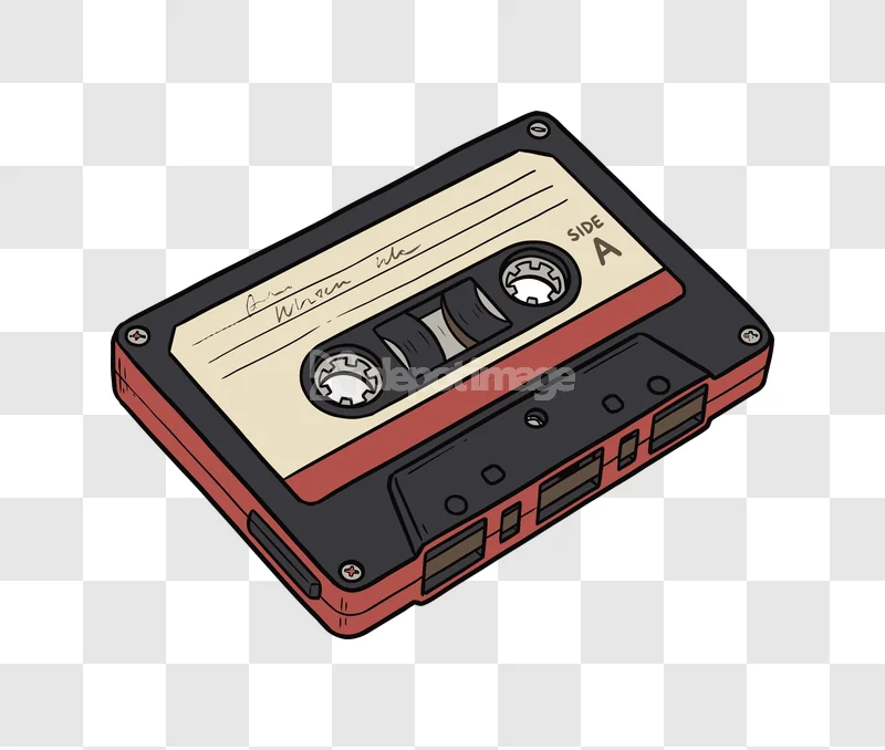 Old Retro Audio Cassette Tape Music red and black cassette tape with cream label on black background.