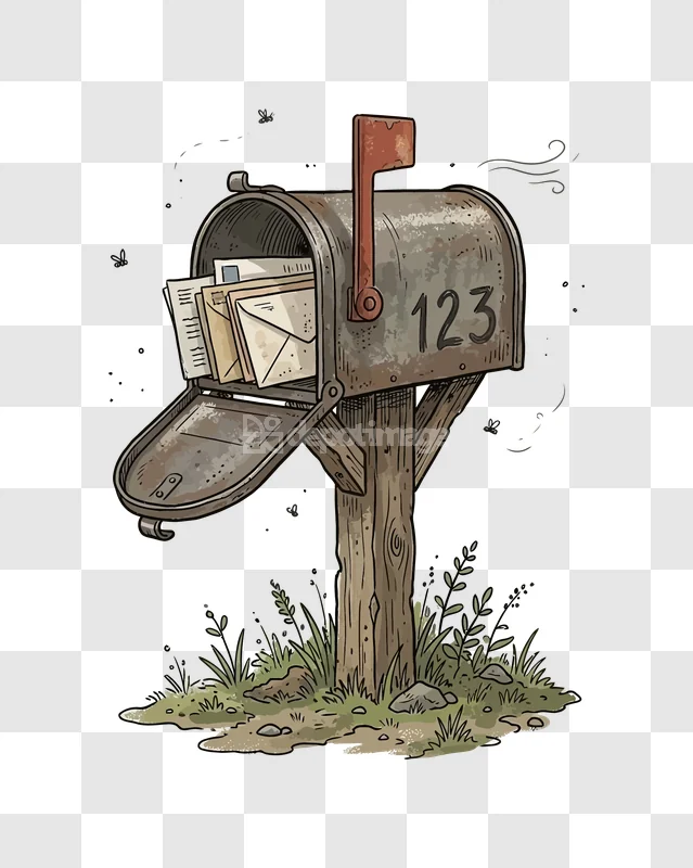 Old Rustic Mailbox Full Letters, hand-drawn rustic mailbox, red flag, transparent PNG