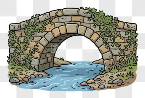 Old Stone Bridge River Foliage Cartoon