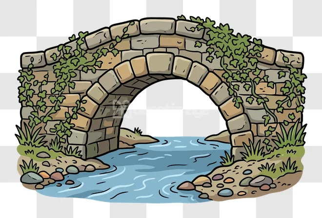 Old Stone Bridge River Foliage Cartoon cartoon illustration with stone bridge and green foliage