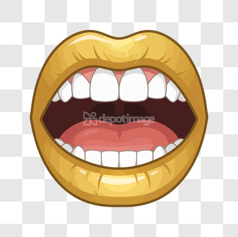 Open Mouth Gold Lips Cartoon Style: golden lips, open mouth, white teeth, pink tongue