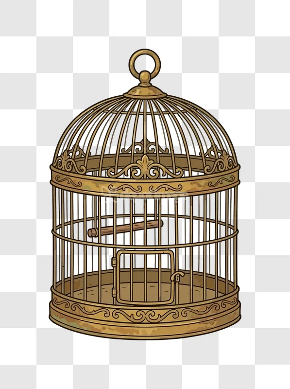 Ornate Vintage Gold Bird Cage Perch intricate golden design on black background