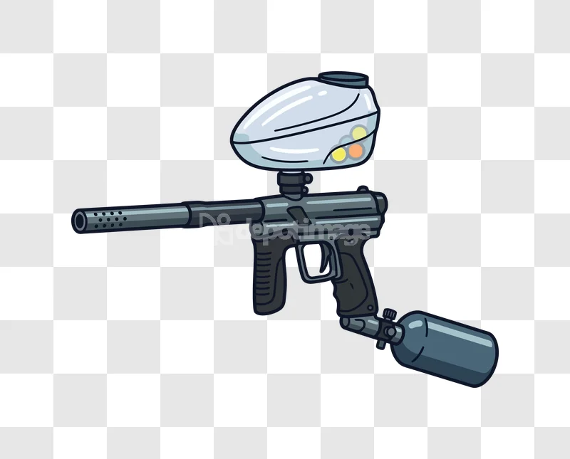 Paintball Gun Marker Cartoon Style grey and black outline illustration with colorful paintballs