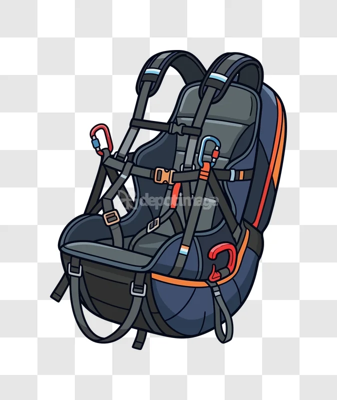 Paragliding Harness Colorful Equipment Cartoon Vector with blue straps and orange accents on black