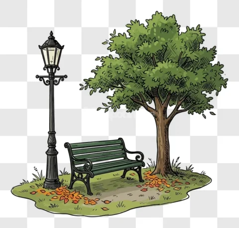 Park Bench Tree Lamppost Autumn Leaves