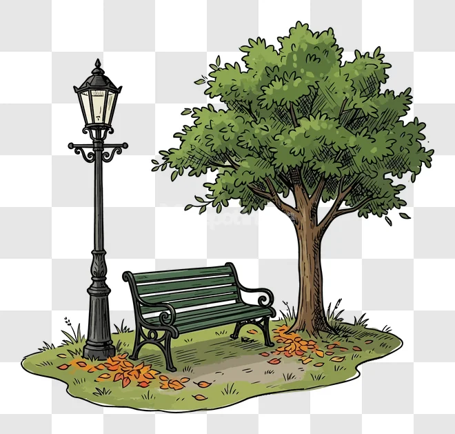 Park Bench Tree Lamppost Autumn Leaves illustration of a green bench and tree with fallen leaves