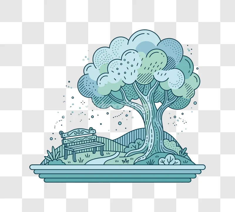 Park Tree Bench Path Nature Illustration stylized tree and bench with scattered dots in blues and greens