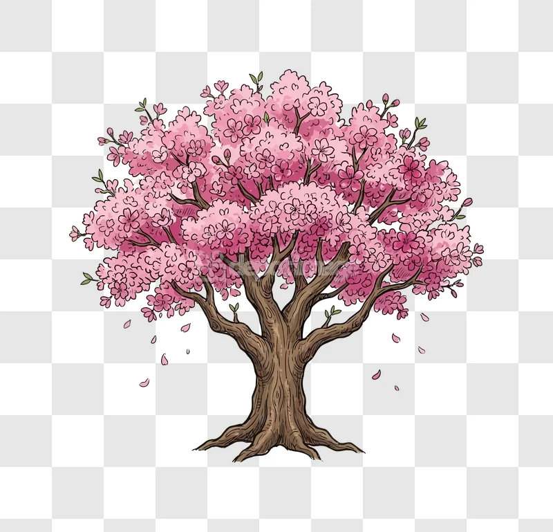Pink Cherry Blossom Sakura Tree Cartoon delicate pink flowers on brown trunk with falling petals, black background