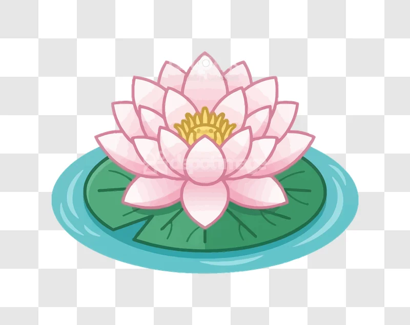 Pink Water Lily Pond Green Leaves, cartoon style, pink, green, blue