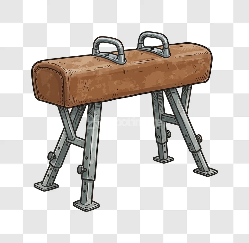 Pommel Horse Gymnastics Equipment Vector Art brown padded surface with metallic handles and grey frame