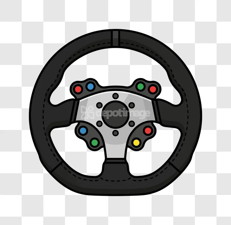 Racing Steering Wheel Game Controller Icon with colorful buttons on a black rim and silver hub.