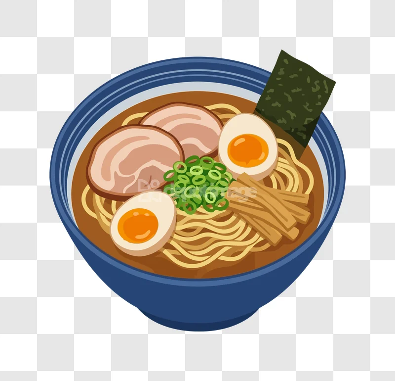 Ramen Noodles Blue Bowl Chop Egg, stylized illustration with colorful ingredients