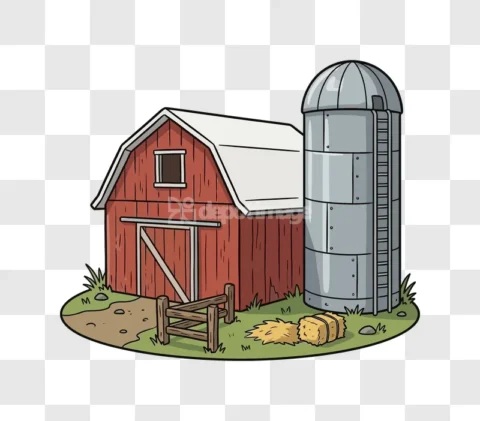 Red Barn Silo Farm Building Cartoon