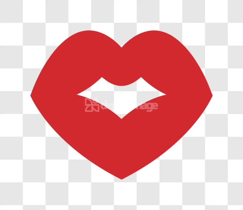 Red Lips Heart Shape Kiss Love Icon, bold red, flat style, transparent background