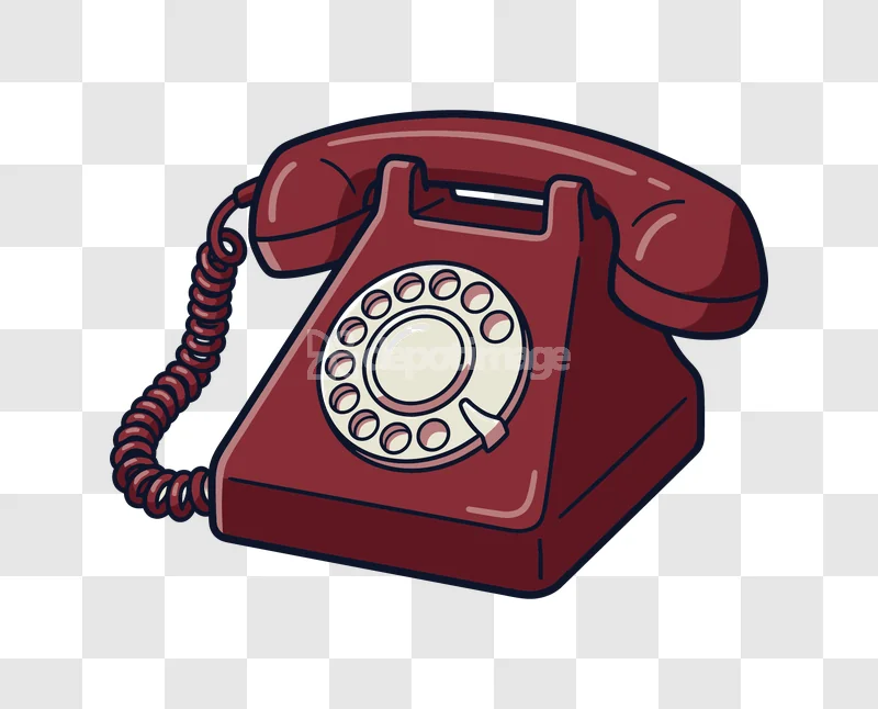 Red Rotary Dial Vintage Landline Phone Cartoon red classic design, white dial, coiled cord.
