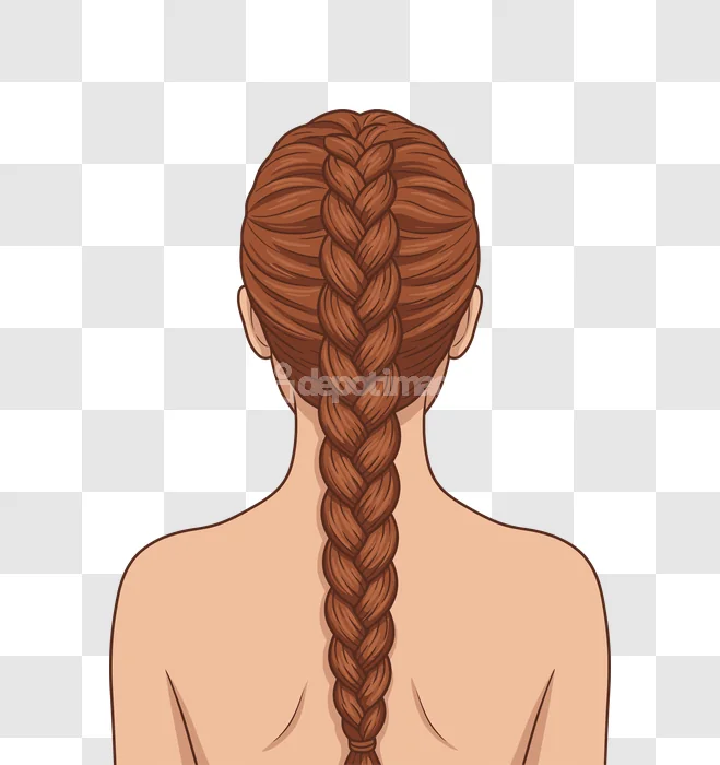 Redhead Braided Hair Back View Naked, intricate reddish-brown French braid, transparent background