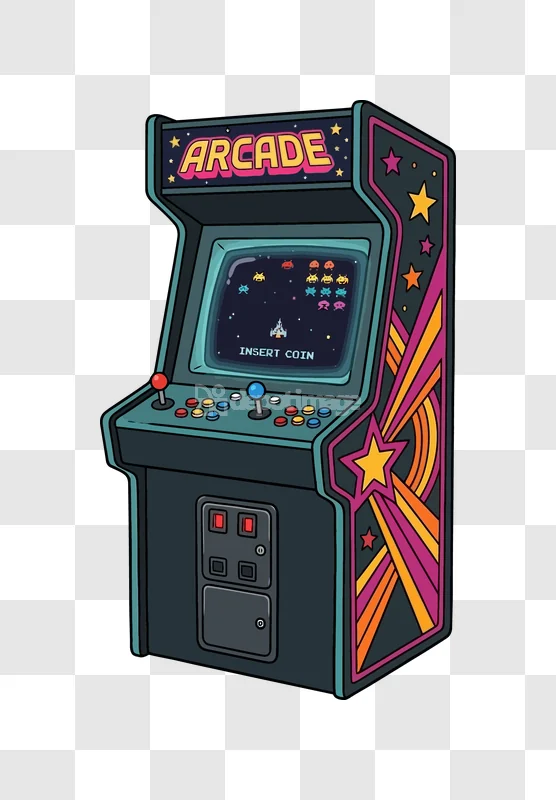 Retro Arcade Game Cabinet Vector Illustration vibrant pixel art game screen, classic design