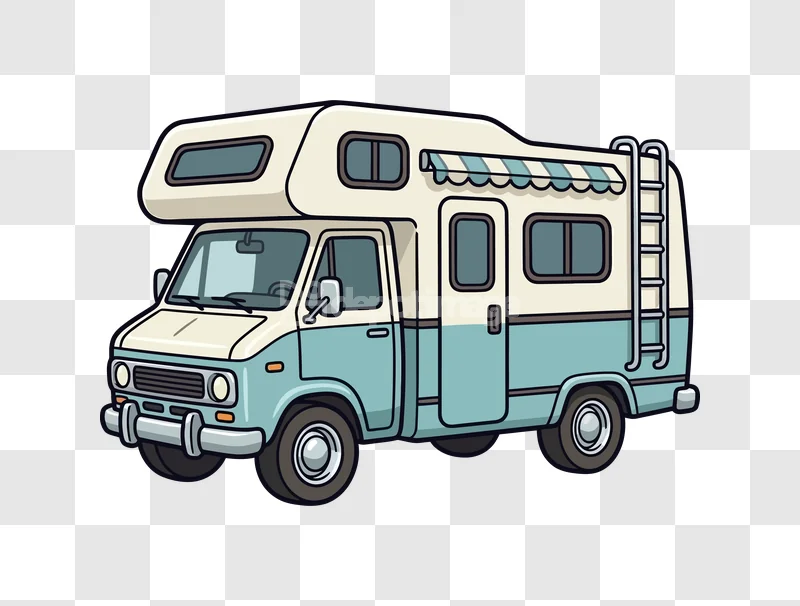 Retro Camper Van Cartoon Style Side cream and teal, outlined, with ladder.