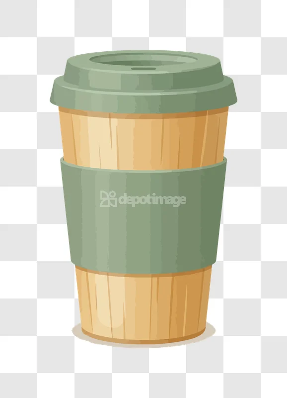Reusable Coffee Cup Green Sleeve: wood-textured, green-lidded, transparent background, flat style.